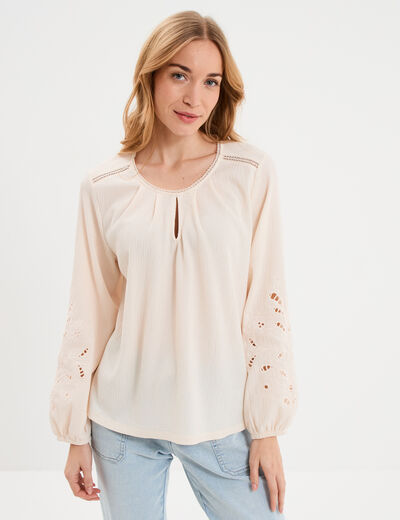 Blouse manches brod&eacute;es ajour&eacute;es coton beige femme
