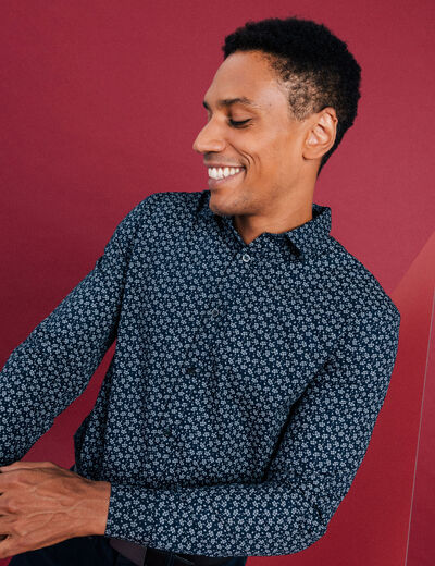 Chemise droite imprimée manches longues bleu marine homme