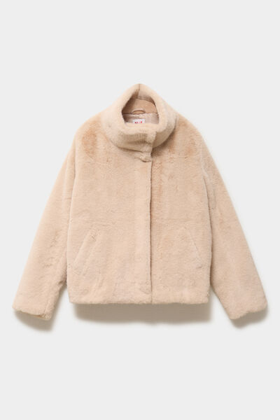 Veste fausse fourrure col montant beige femme
