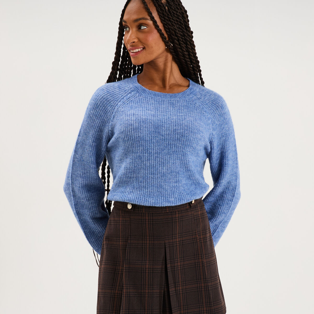Pull col rond manches longues bleu ciel femme