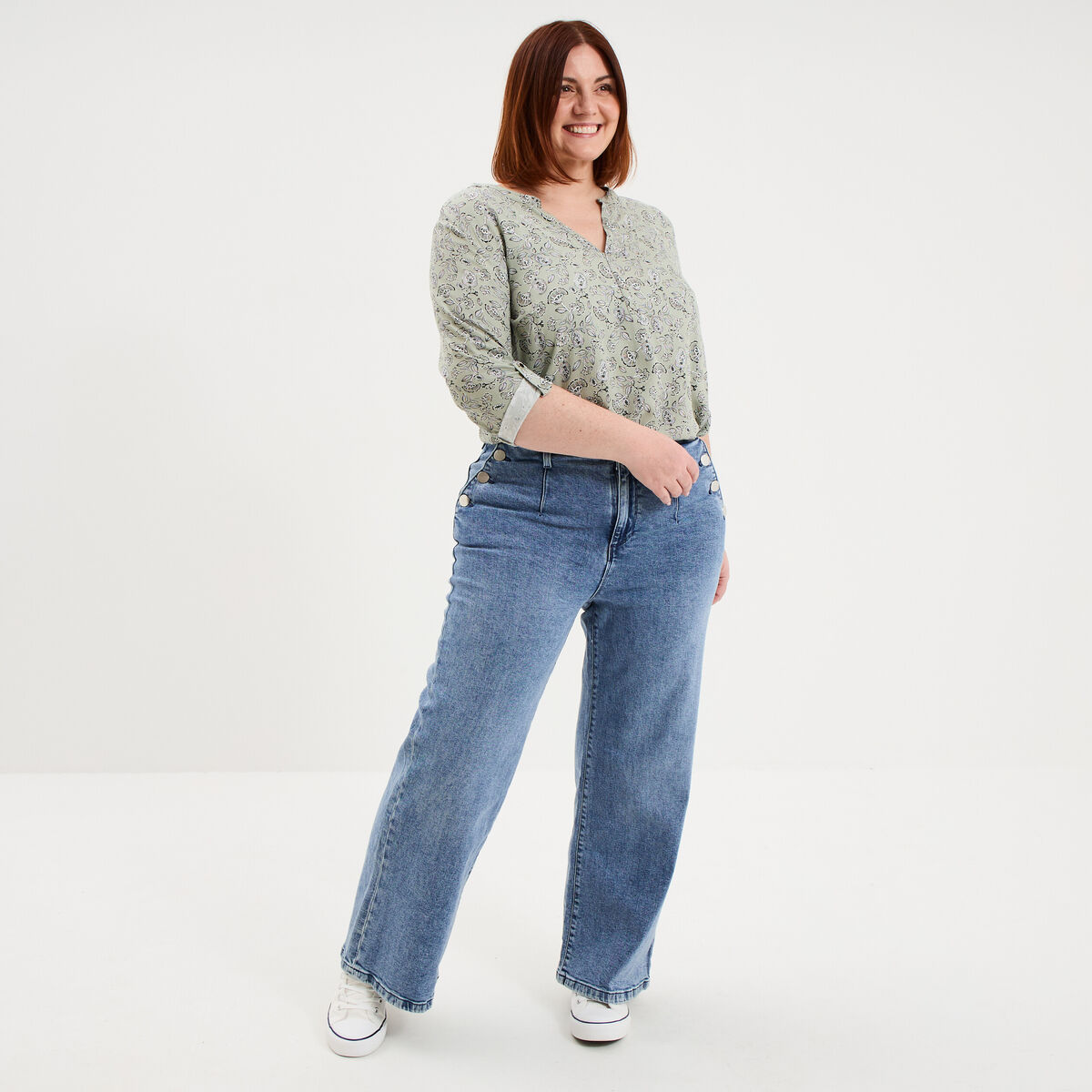 Blouse col tunisien manches 3/4 fluide vert kaki femme grande taille