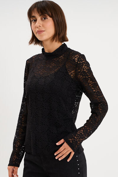 Blouse dentelle col montant noir femme