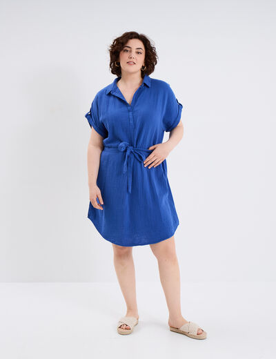 Robe manches courtes en gaze de coton bleu roi femme grande taille