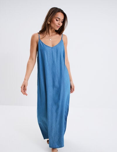 Robe longue en jean col en V denim double stone femme