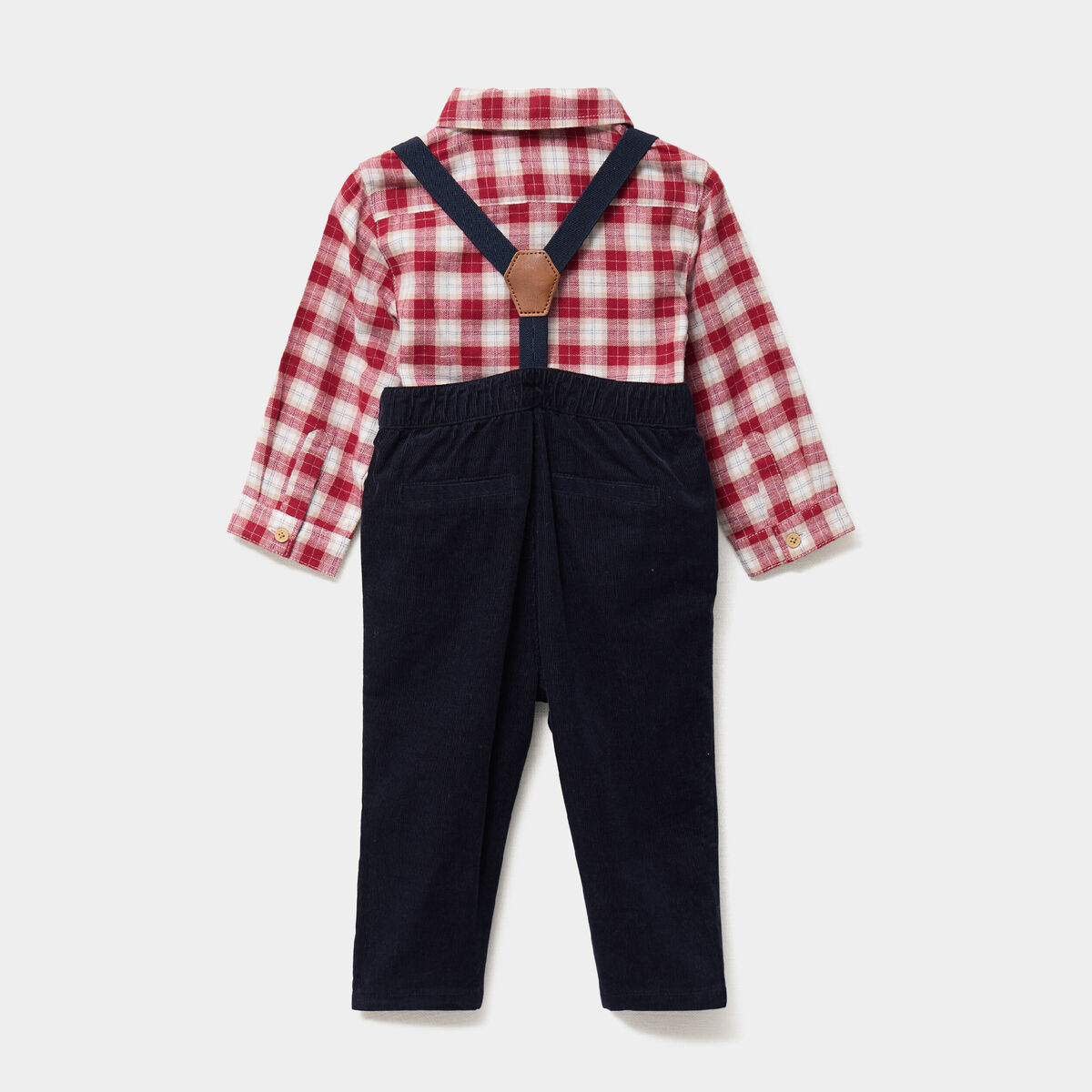 Ensemble chemise et pantalon bretelles rouge fonc&eacute; b&eacute;b&eacute; gar&ccedil;on