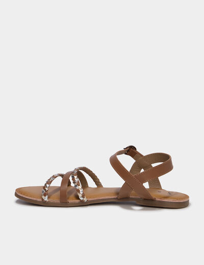 Sandales plates tr&eacute;ss&eacute;es en cuir marron femme