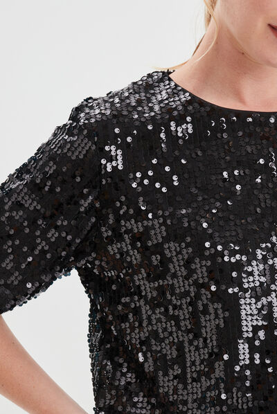T-shirt à sequins manches courtes droit noir femme