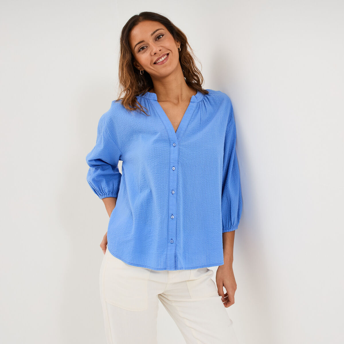 Blouse col tunisien manches 3/4 coton bleu electrique femme