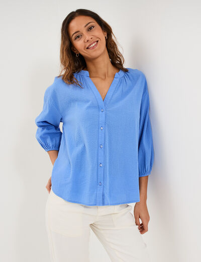 Blouse col tunisien manches 3/4 coton bleu electrique femme