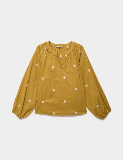 Blouse brod&eacute;e col tunisien coton vert olive femme