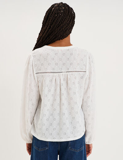Blouse broderie anglaise manches longues blanc femme