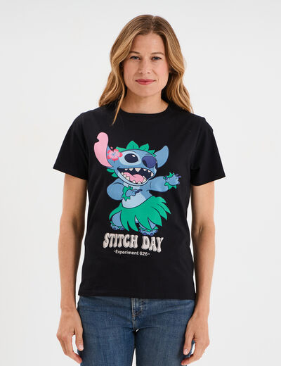 T-shirt manches courtes coton Stitch noir femme