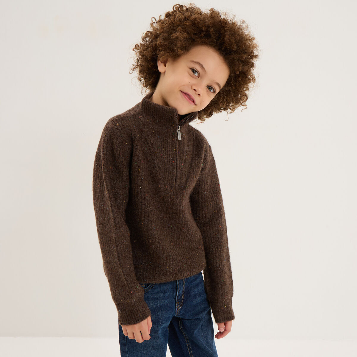 Pull camionneur col zipp&eacute; marron gar&ccedil;on