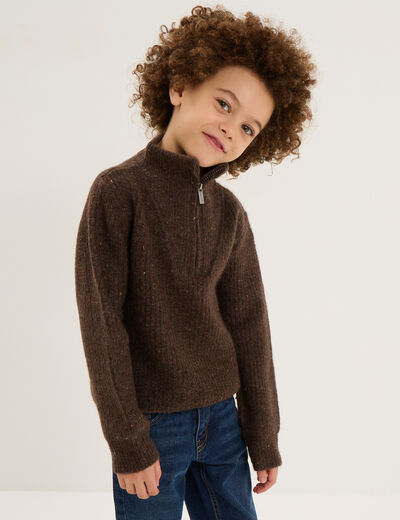 Pull camionneur col zipp&eacute; marron gar&ccedil;on