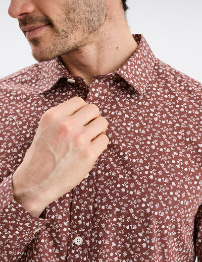 Chemise droite imprimée manches longues marron homme