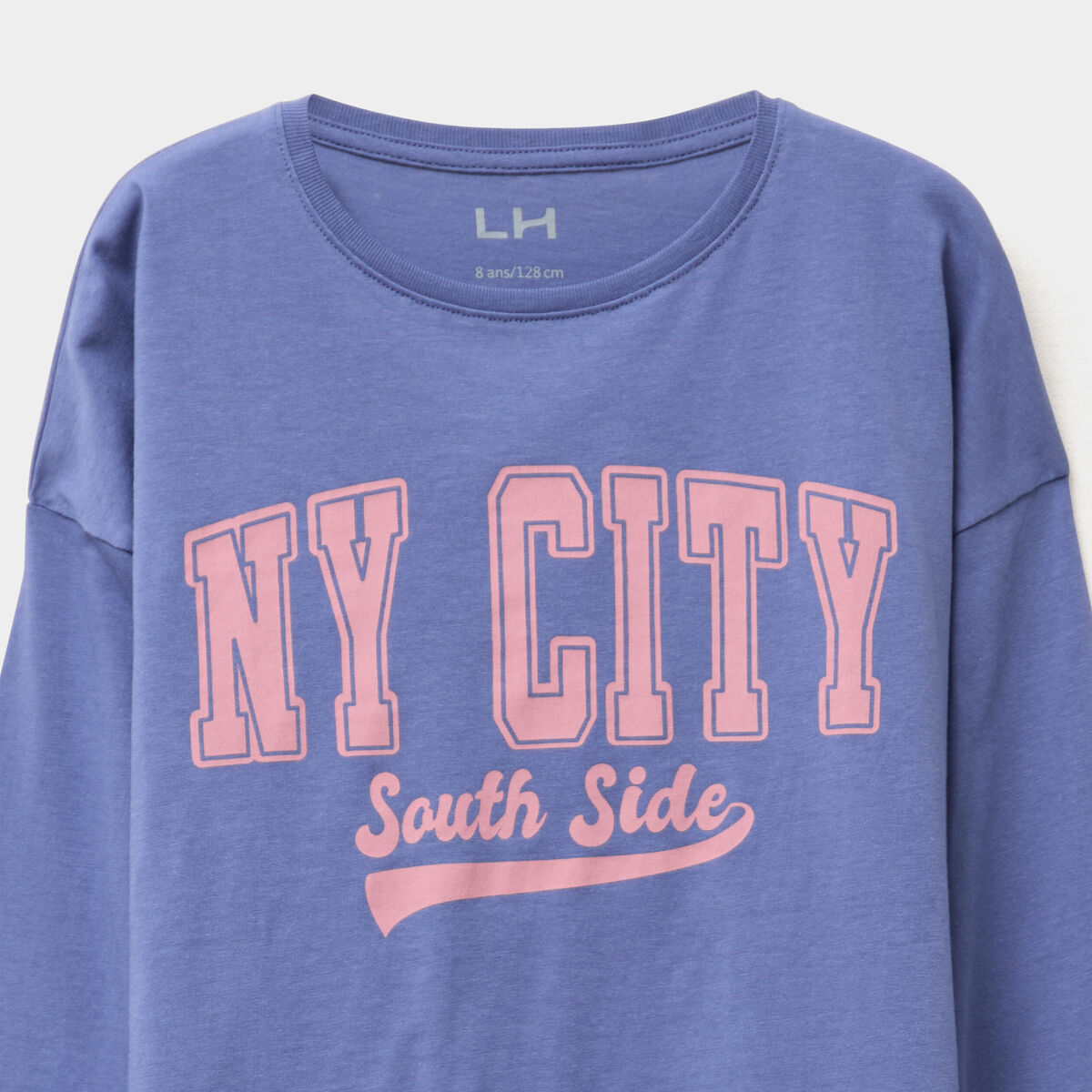 T-shirt col rond manches longues coton bleu gris fille