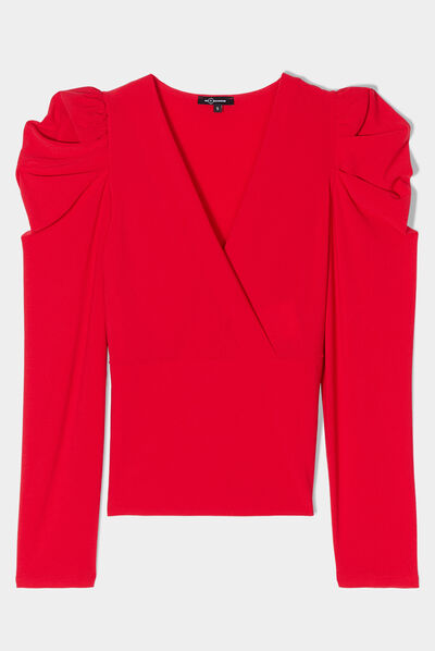 T-shirt manches froncées Mosquitos rouge fluo femme
