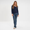 T-shirt col en V manches longues coton bleu marine femme
