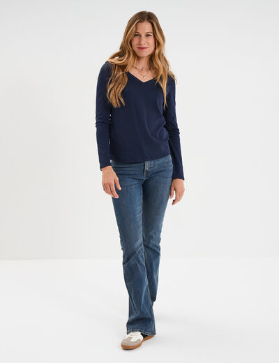 T-shirt col en V manches longues coton bleu marine femme