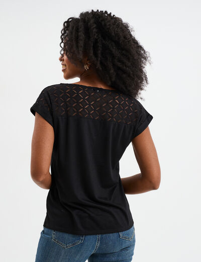 T-shirt col en V dentelle épaules et dos noir femme