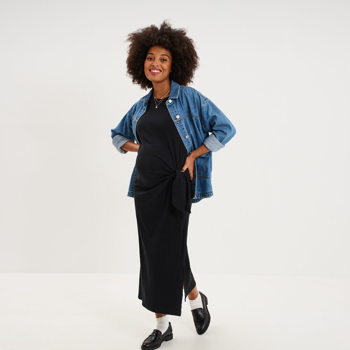 Robe de grossesse longue avec noeud noir femme maternit&eacute;