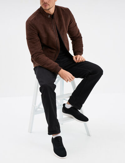 Blouson col motard en su&eacute;dine zipp&eacute; marron fonc&eacute; homme