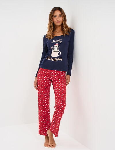 Ensemble pyjama pantalon t-shirt No&euml;l bleu marine femme