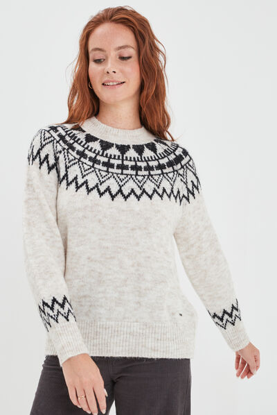 Pull jacquard col rond Creeks beige femme