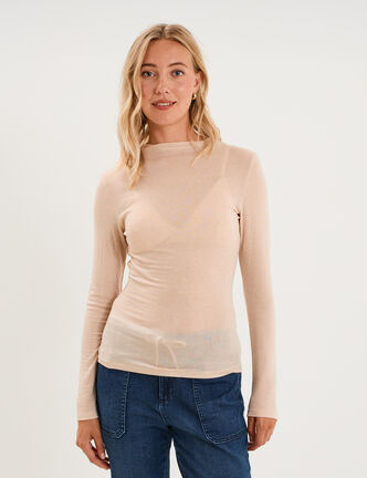 T-shirt cintr&eacute; col montant lyocell beige femme