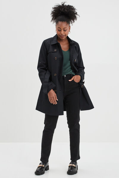 Trench mi-long ceinturé ajusté noir femme