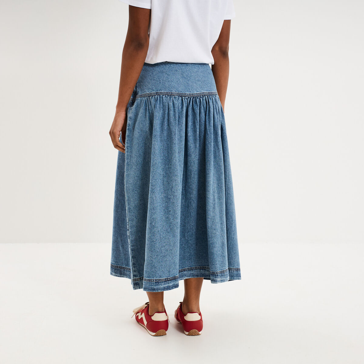 Jupe longue en jean large coton denim stone femme