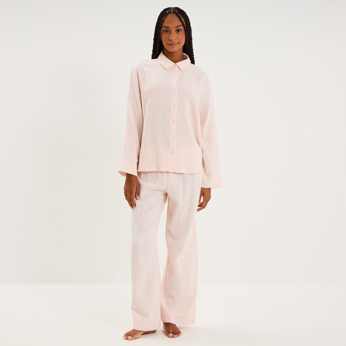 Ensemble pyjama chemise gaze de coton rose clair femme