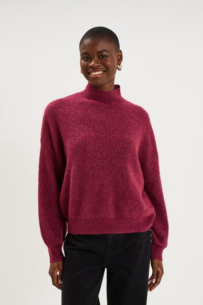 Pull col montant manches longues amples rouge fonc&eacute; femme