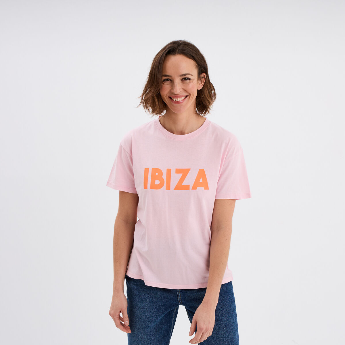T-shirt droit manches courtes coton rose fluo femme