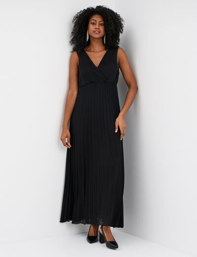Robe longue plissée sans manches col V noir femme