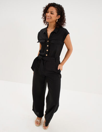 Combinaison pantalon lin m&eacute;lang&eacute; noir femme