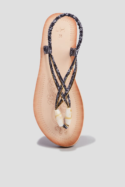 Sandales compensées entredoigts bijoux noir femme