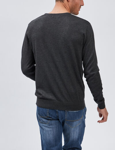 Pull jersey col V m&eacute;lange coton gris fonc&eacute; homme