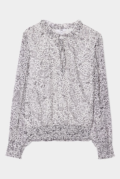Blouse manches longues col montant ecru femme