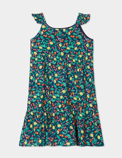 Robe courte bretelles col rond à volants bleu marine fille