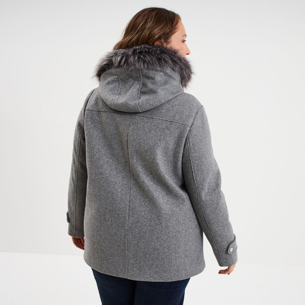 Manteau zipp&eacute; &agrave; capuche fausse fourrure gris femme grande taille