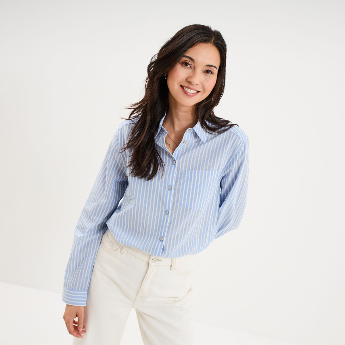 Chemise manches ajustables 1 poche coton bleu ciel femme