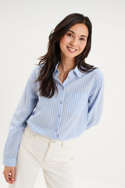 Chemise manches ajustables 1 poche coton bleu ciel femme