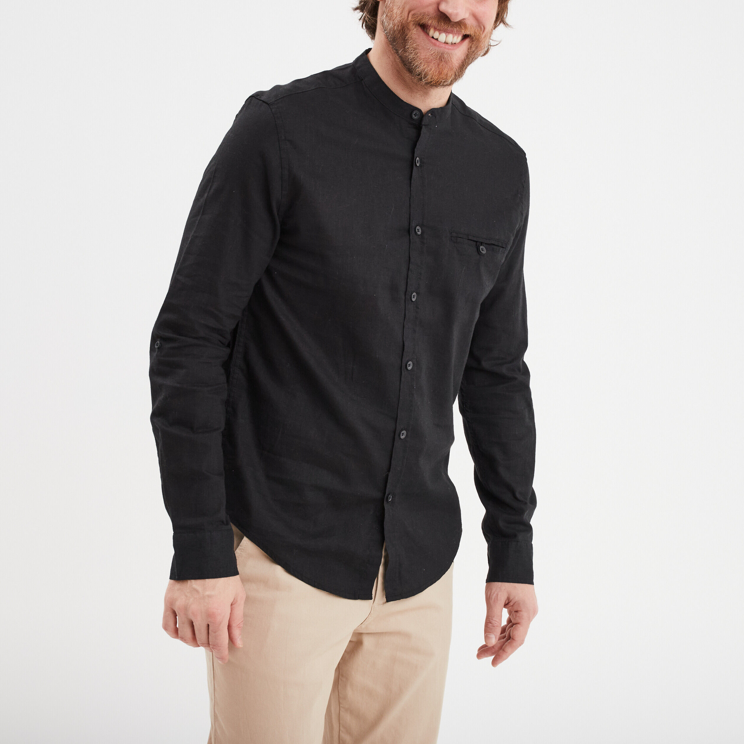 Chemise col mao lin majoritaire noir homme LH