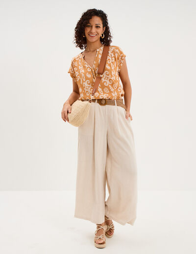 Pantalon large &agrave; pinces ceinture tress&eacute;e beige femme