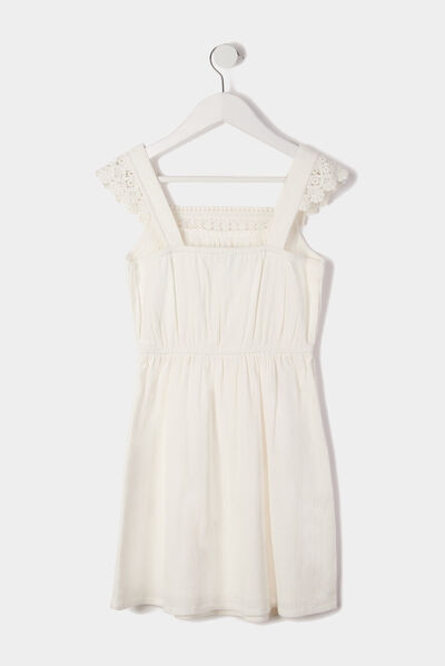 Ensemble robe à broderie et chouchou ecru fille