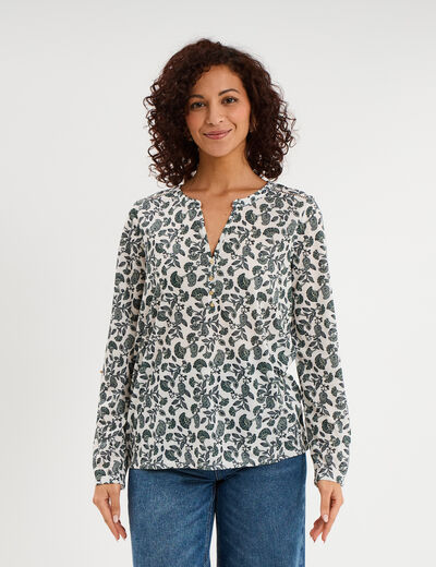 T-shirt col mao manches retroussables ecru femme