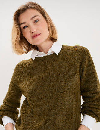 Pull col rond manches longues vert olive femme