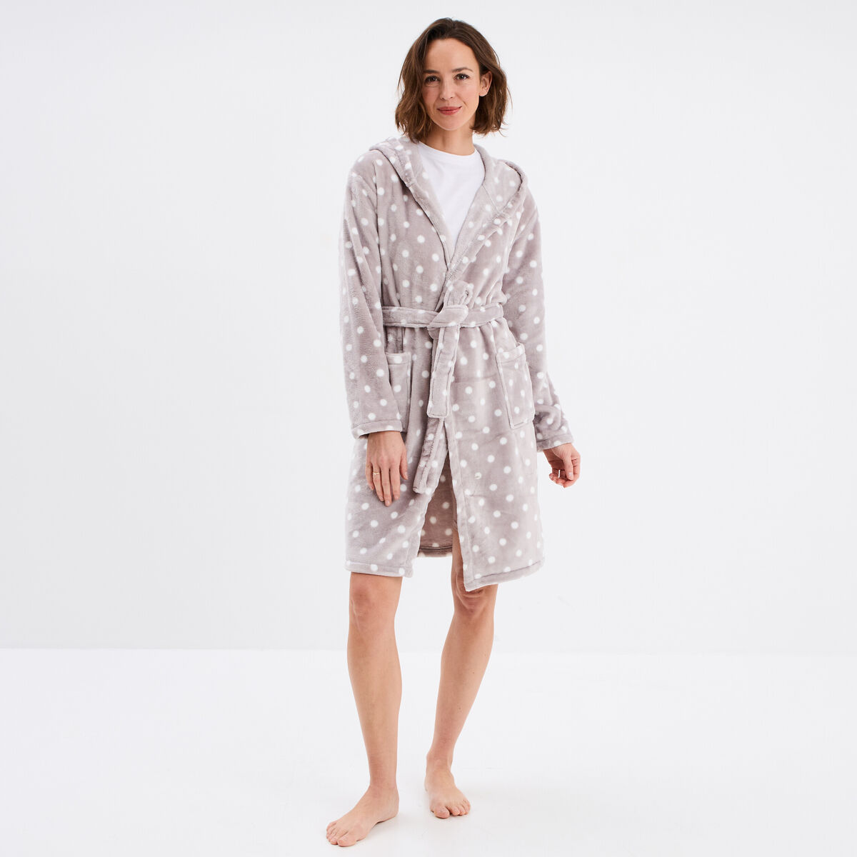 Peignoir long effet polaire à capuche gris femme