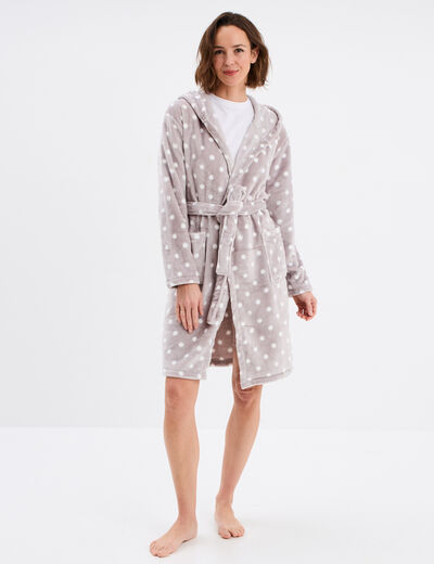 Peignoir long effet polaire à capuche gris femme